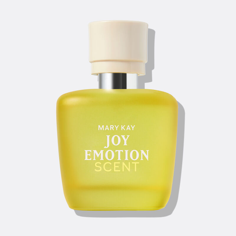 Mary Kay Joy Emotion Scent Eau de parfum yellow bottle on yellow backdrop. 