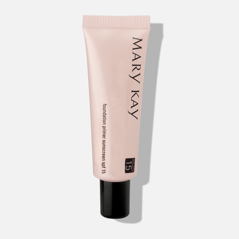 Tube of Mary Kay Foundation Primer Sunscreen SPF 15 standing on its cap.