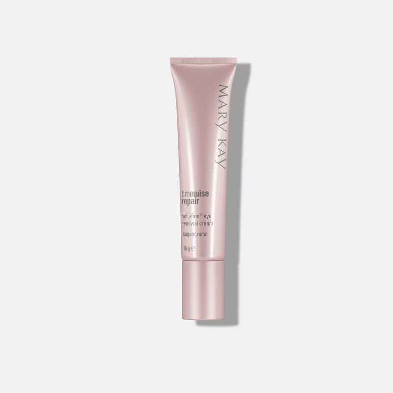 A tube of TimeWise Repair Volu-Firm Eye Renewal Cream from Mary Kay standing against a gray background.
