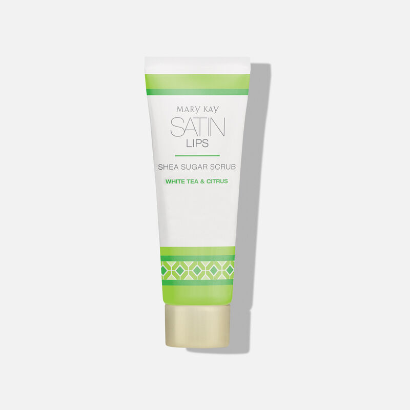 Tube of Satin Lips Shea Sugar Scrub from Mary Kay standing on its cap.