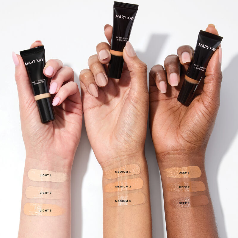 Three wrists, representing light, medium and deep, showcase the shade range for Mary Kay&reg; Multi-Benefit Concealer