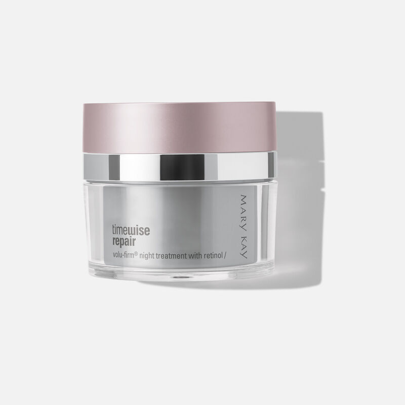 A jar of Mary Kay TimeWise Repair Volu-Firm Night Treatment With Retinol.